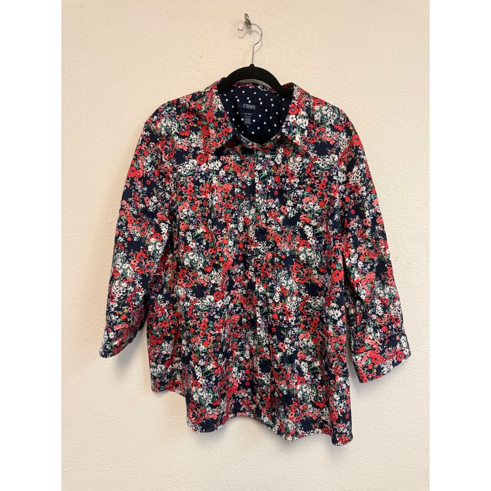 Chaps No Iron Floral Button Down Shirt Navy Blue Red White 3X Cotton Blouse